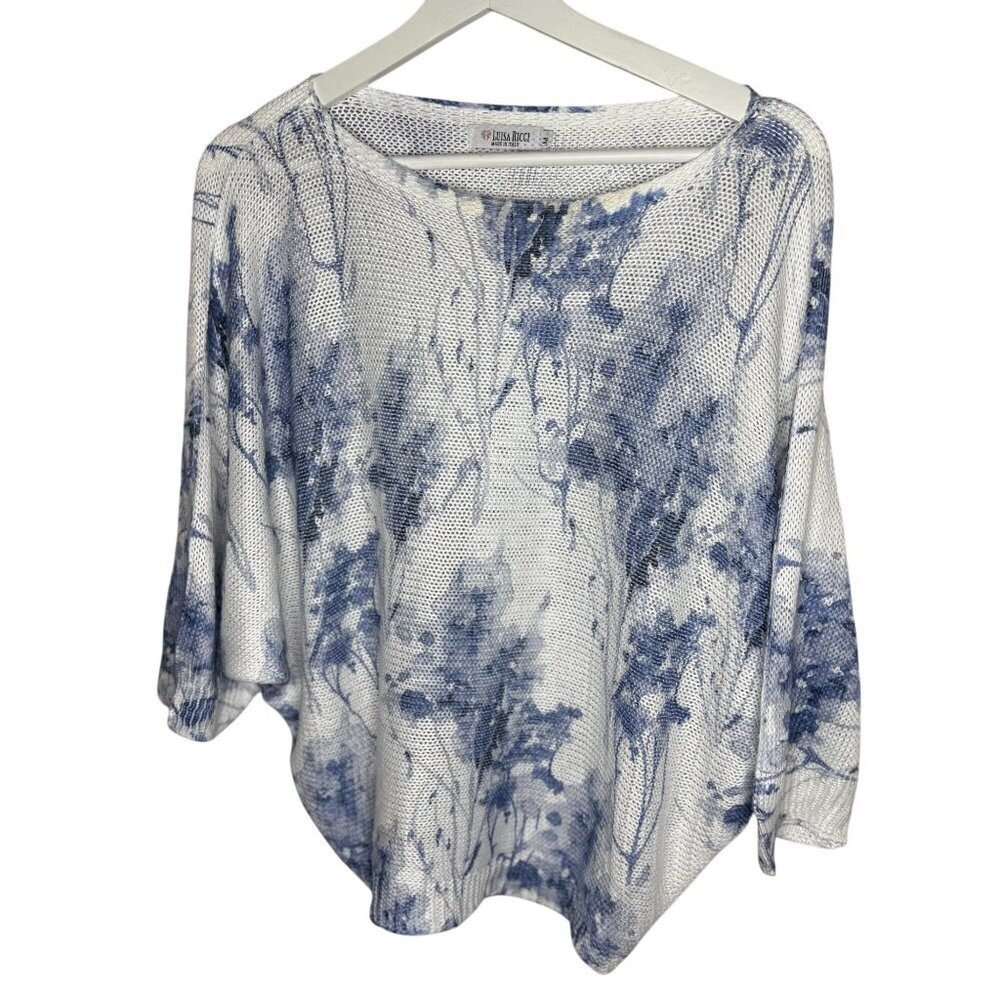 Luisa Ricci Womens Blue White Floral Mesh Knit Top Light Sweater Italy Size M
